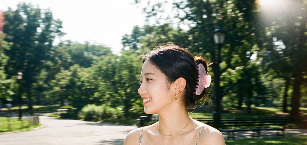 Korean Woman with a Large Pink Sparkle Lovebell hair clip in a park setting