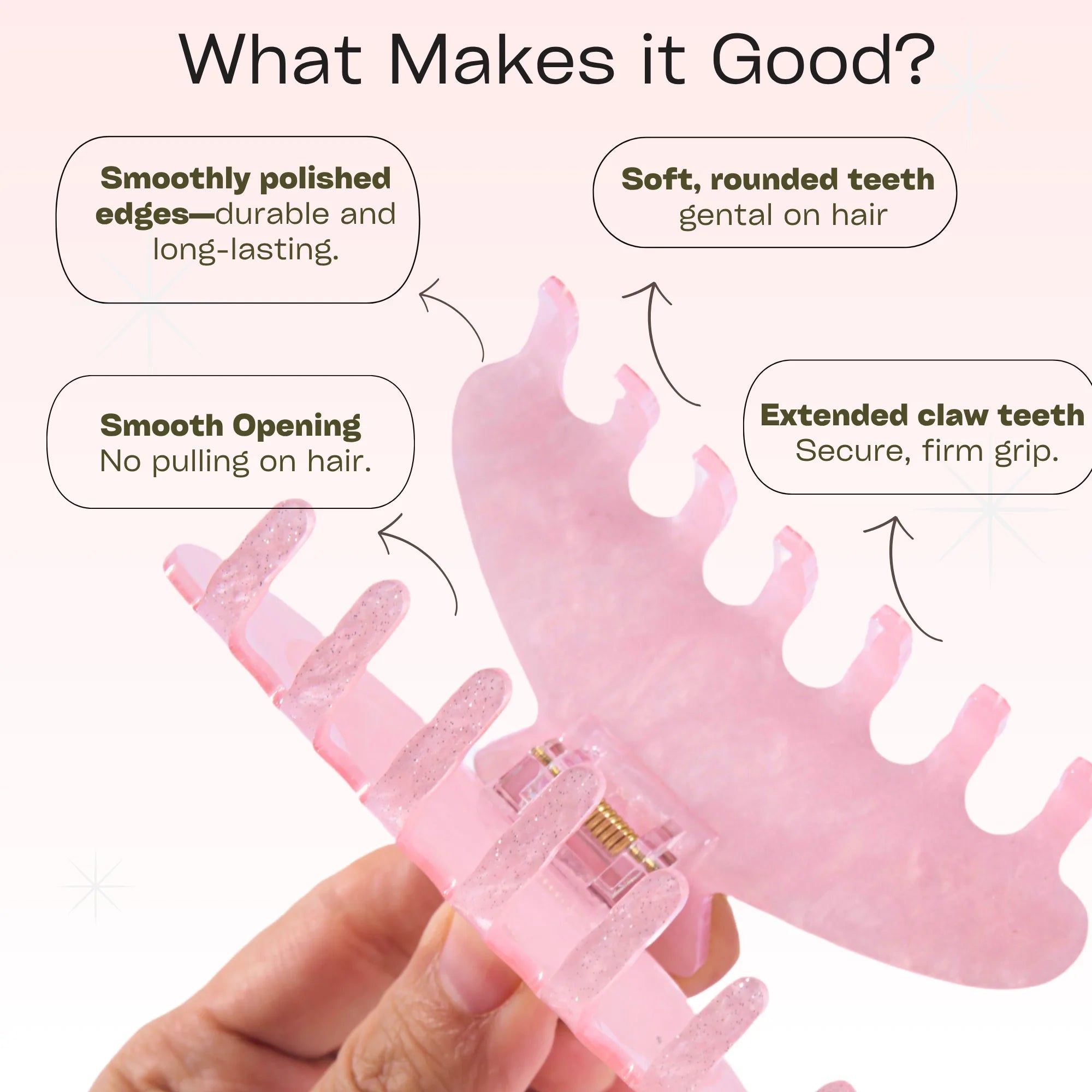 Pink acetate hair claw clip with smooth polished edges, soft rounded teeth, and extended claws for a secure, no-pull grip.