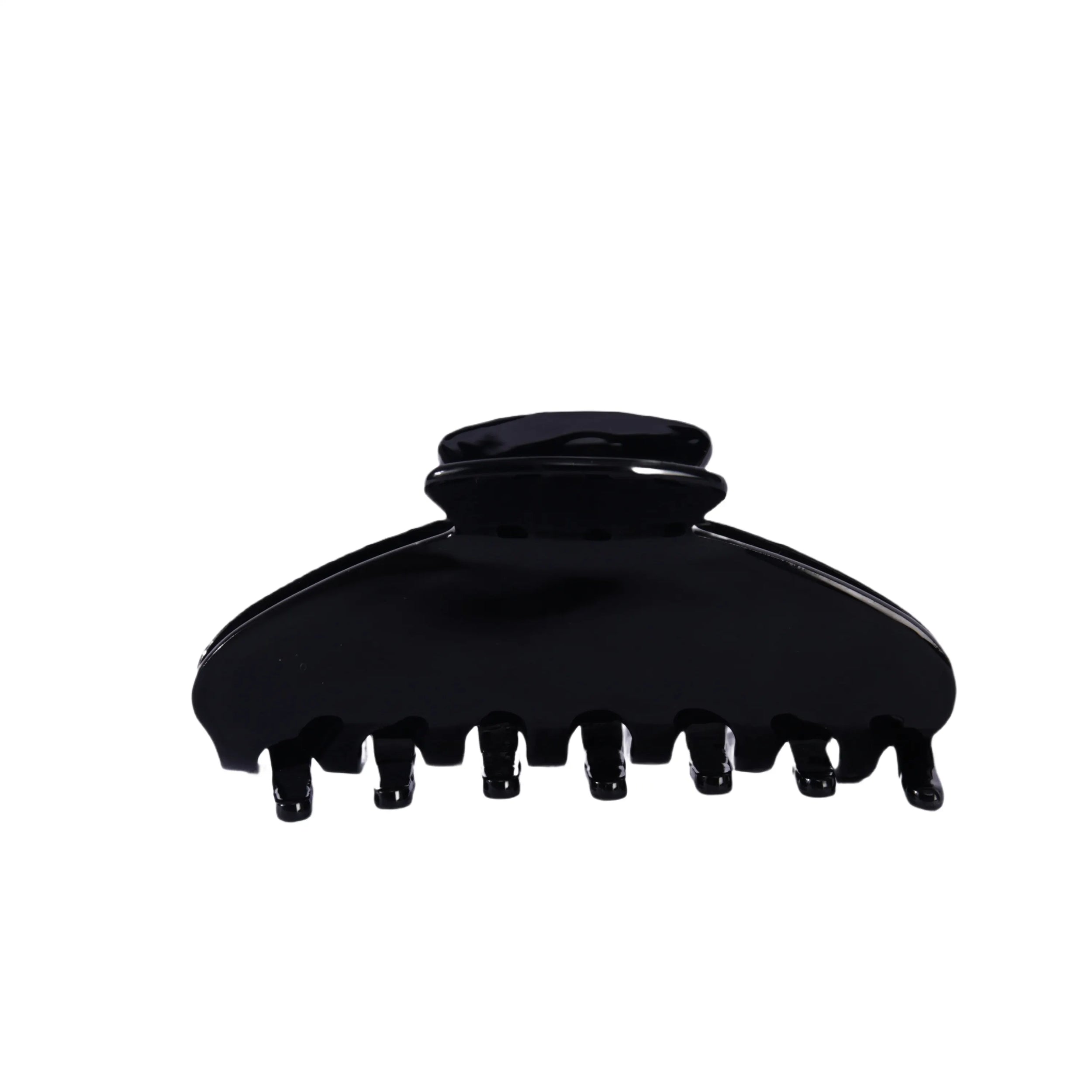 Large black acetate hair claw clip with strong spring and secure grip.