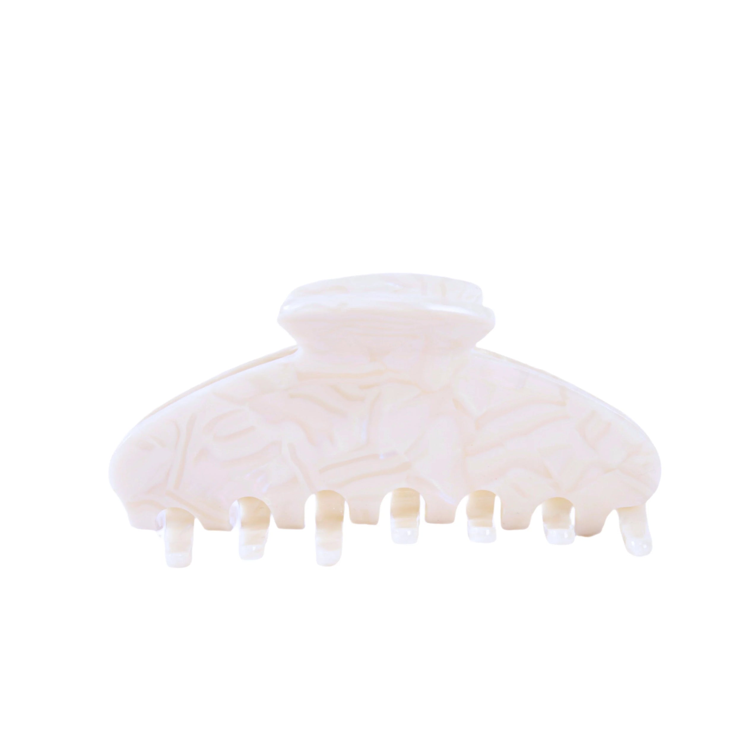 Large white swirl acetate hair claw clip with curved design and firm hold.