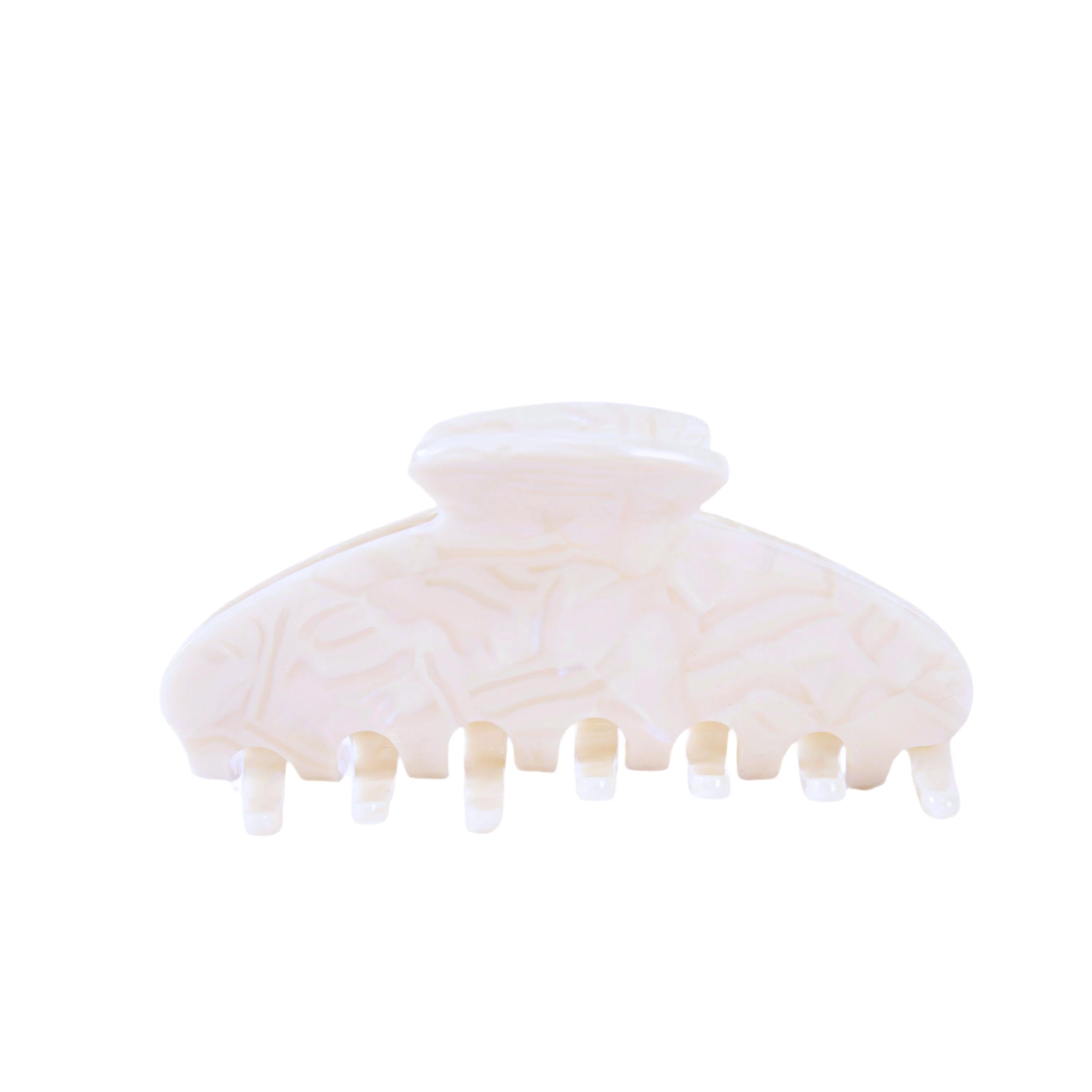 Large white swirl acetate hair claw clip with curved design and firm hold.