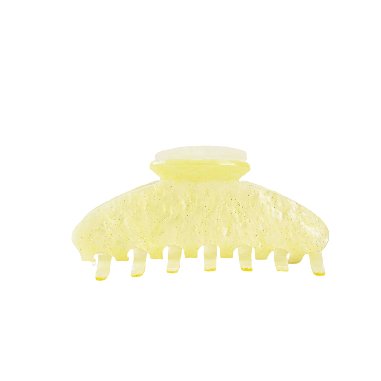 Large yellow sparkle acetate hair claw clip with strong grip and rounded teeth.