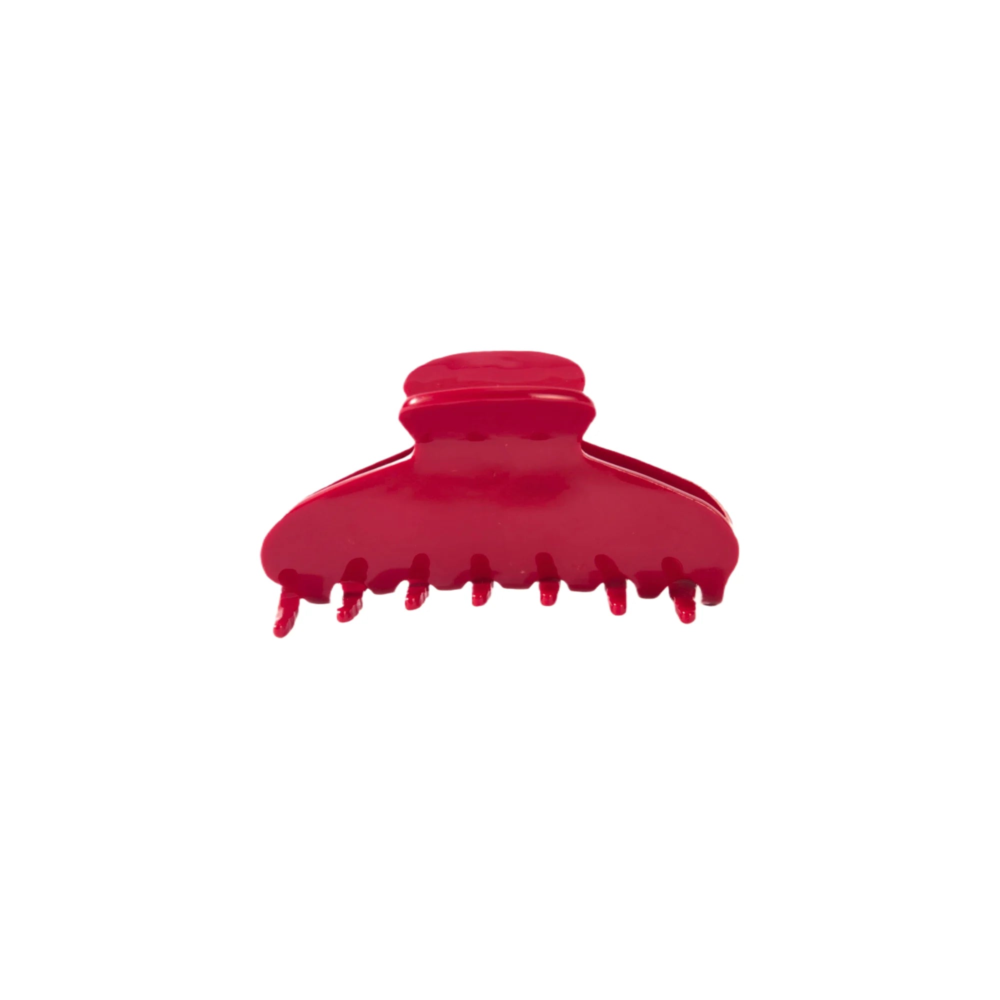 Medium red acetate hair claw clip with rounded teeth and firm grip.